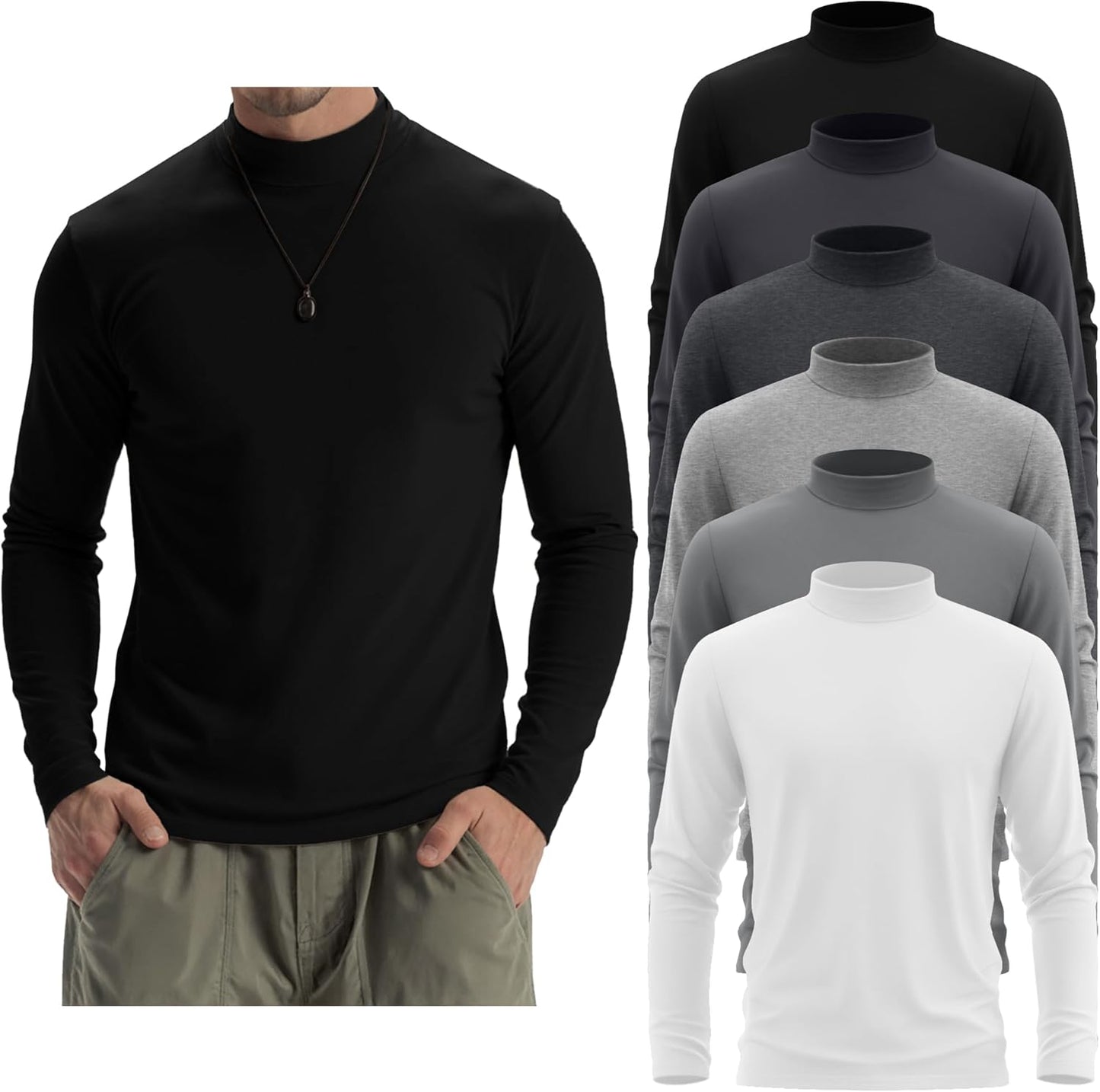 6 Pack Mens Mock Turtleneck Long Sleeve Shirts for Comfort