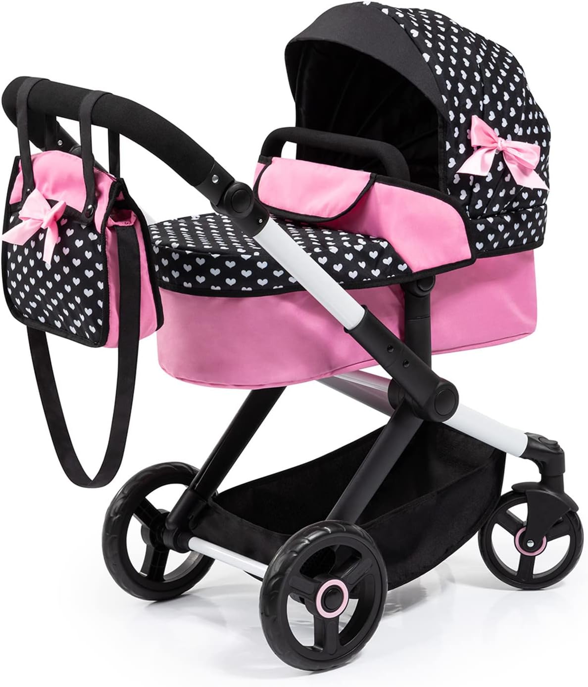 Bayer Pram Xeo Hearts Black & Pink - Stylish Doll Pram for Kids