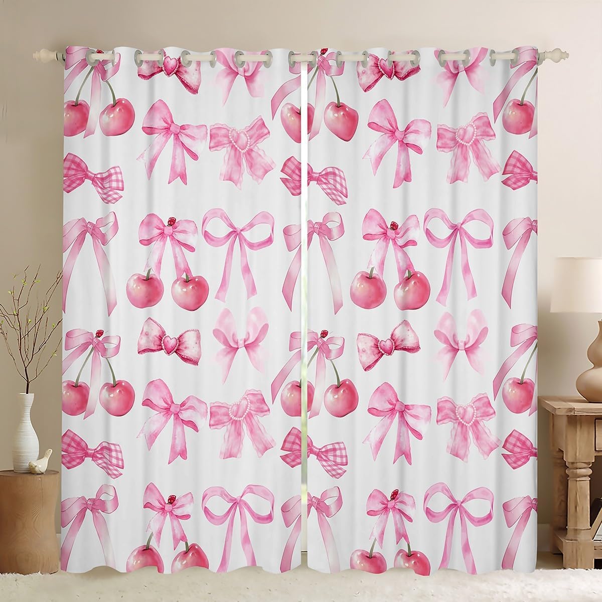 Cherry Bow Blackout Curtains Set - 38 x 54 Inch