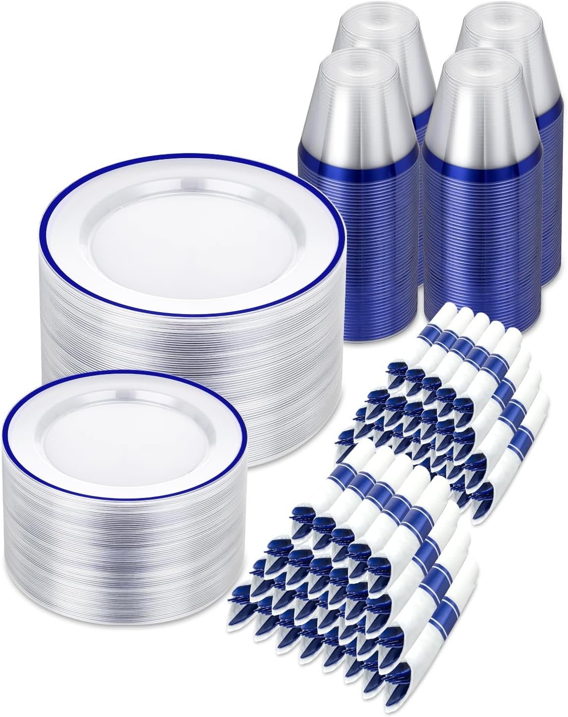 700PCS Clear and Blue Disposable Plates Set for 100 Guests