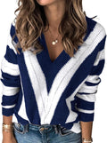 Long Sleeve Striped V Neck Pullover Sweater for Women - Cozy Fall