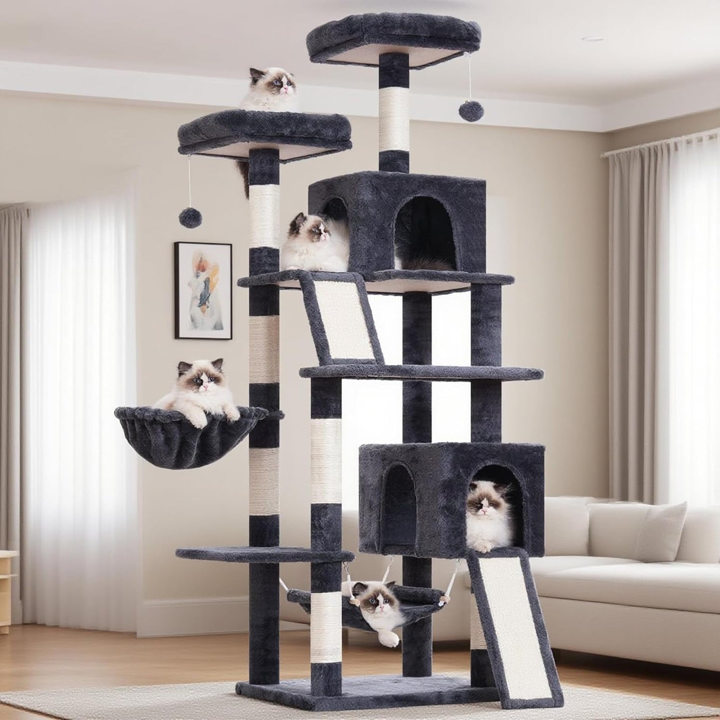 Multi-Level Cat Tree for Large Cats with Plush Perches and Hammock