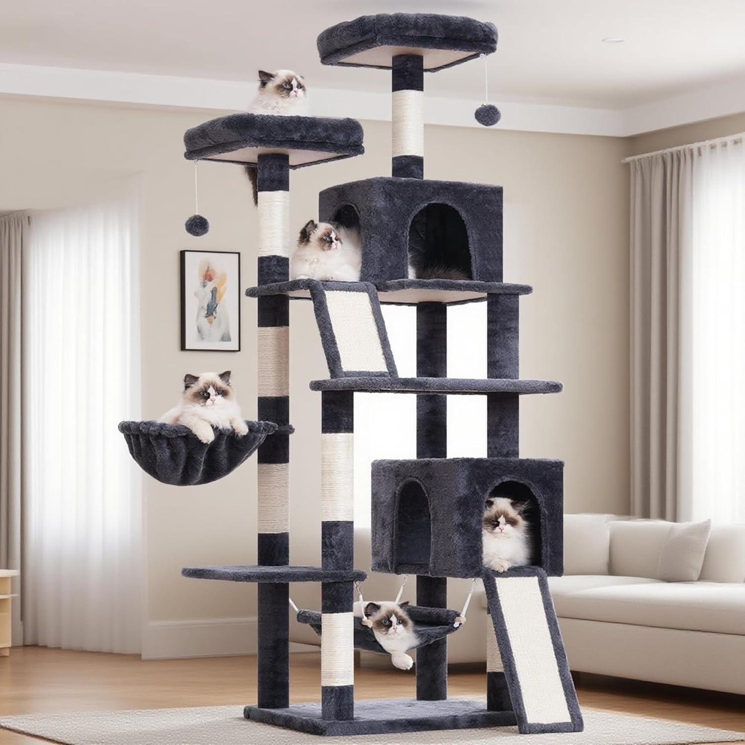 Multi-Level Cat Tree for Large Cats with Plush Perches and Hammock