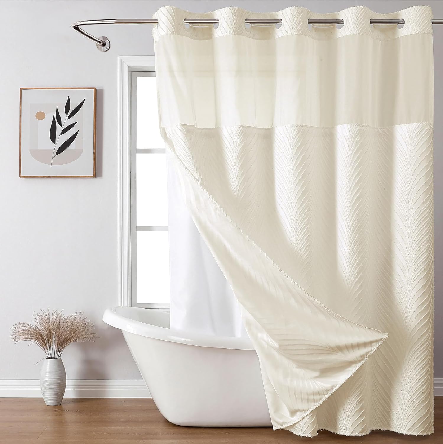 Boho Style No Hook Shower Curtain and Liner Set for Bathrooms
