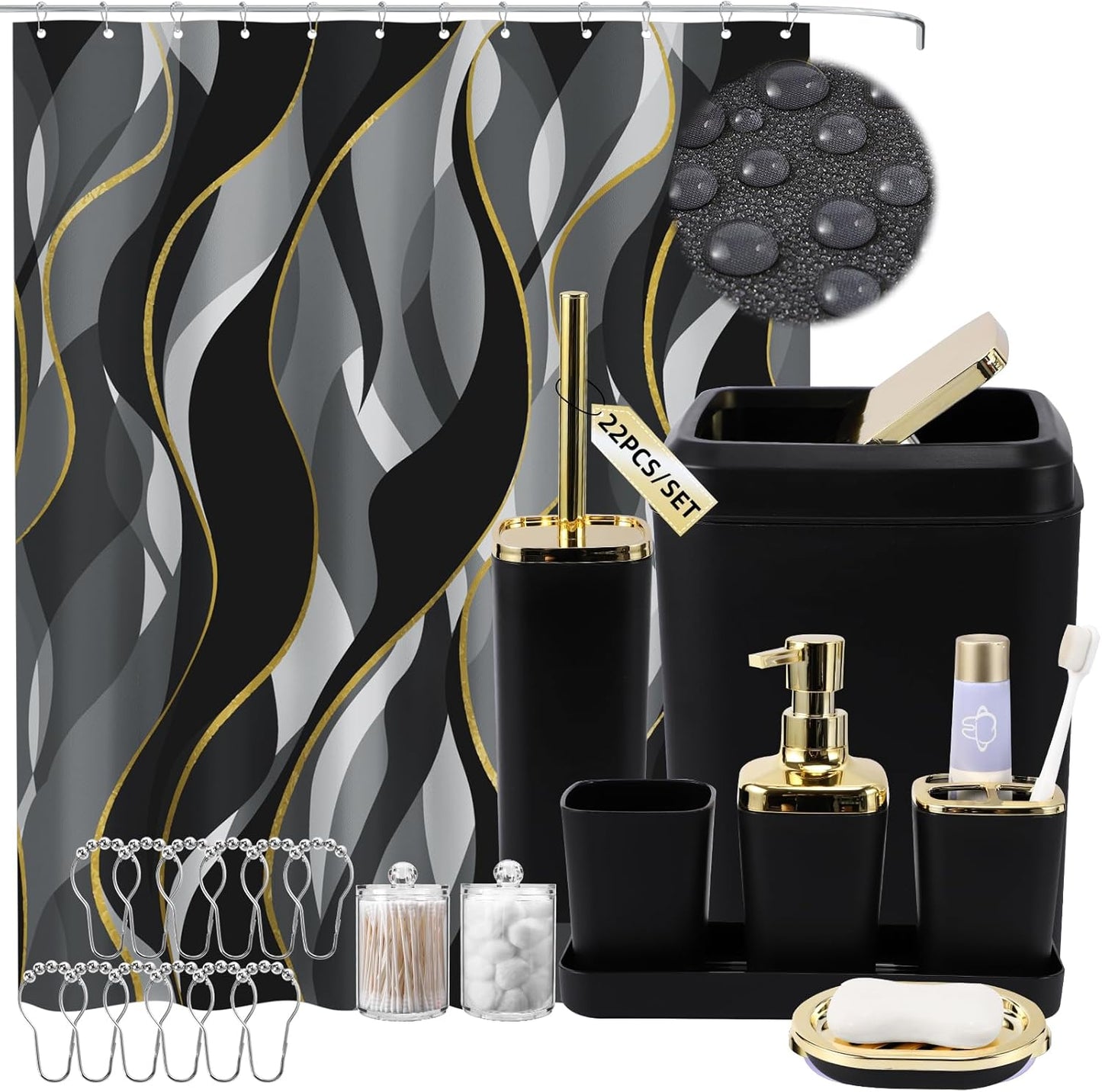 Stylish Black Bathroom Set with Stripe Shower Curtain and Accessories