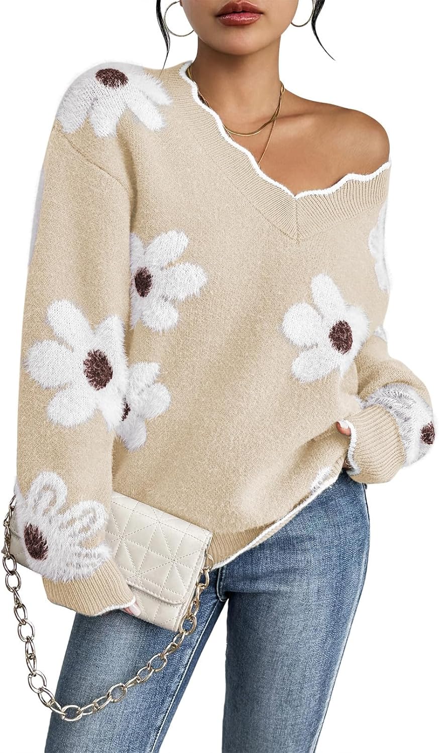 Pink Queen Women's Oversized V Neck Fuzzy Sweater for All Seasons