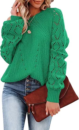 SHEWIN Women's Casual Long Sleeve Crochet Sweater for Comfort