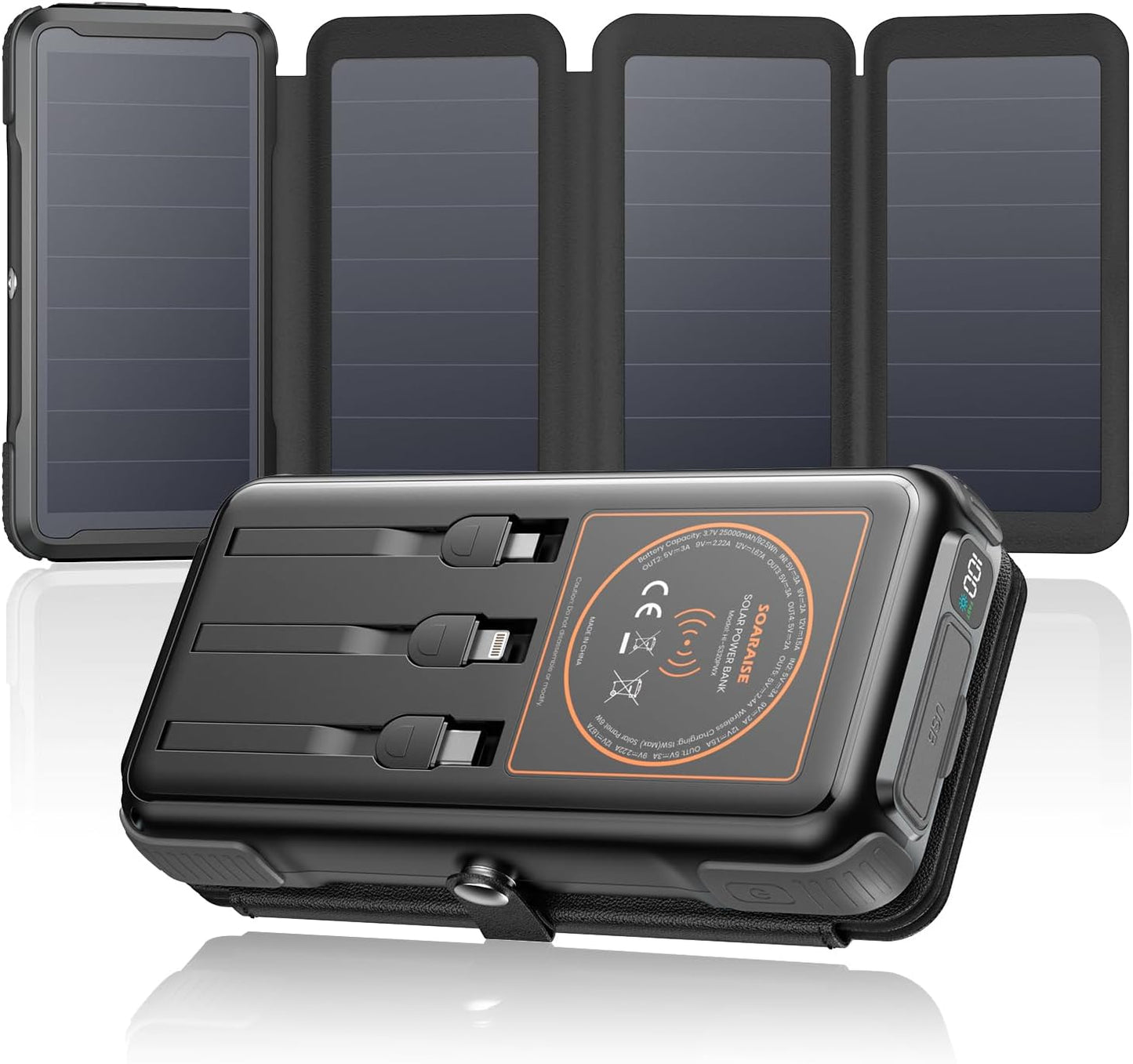 25000mAh Solar Power Bank with 3 Cables & LED Flashlights