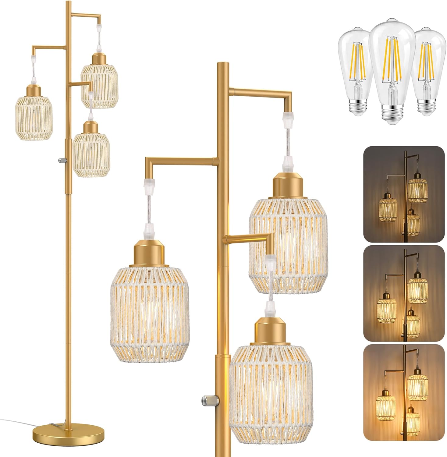 Dimmable Boho Floor Lamp - Rustic Rattan 3-Light Design