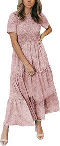 Womens Smocked Floral Maxi Dress - Modest Flowy Wedding Guest