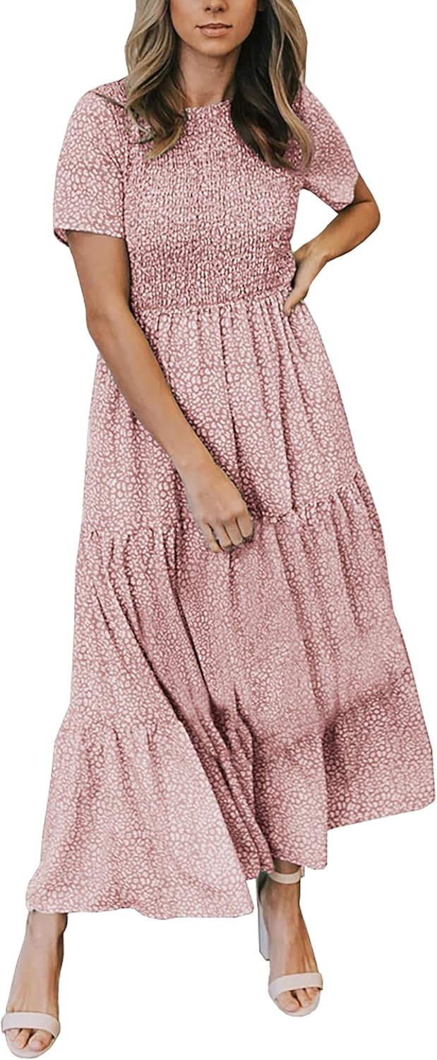 Maggeer Womens Smocked Wedding Guest Maxi Dress for Summer