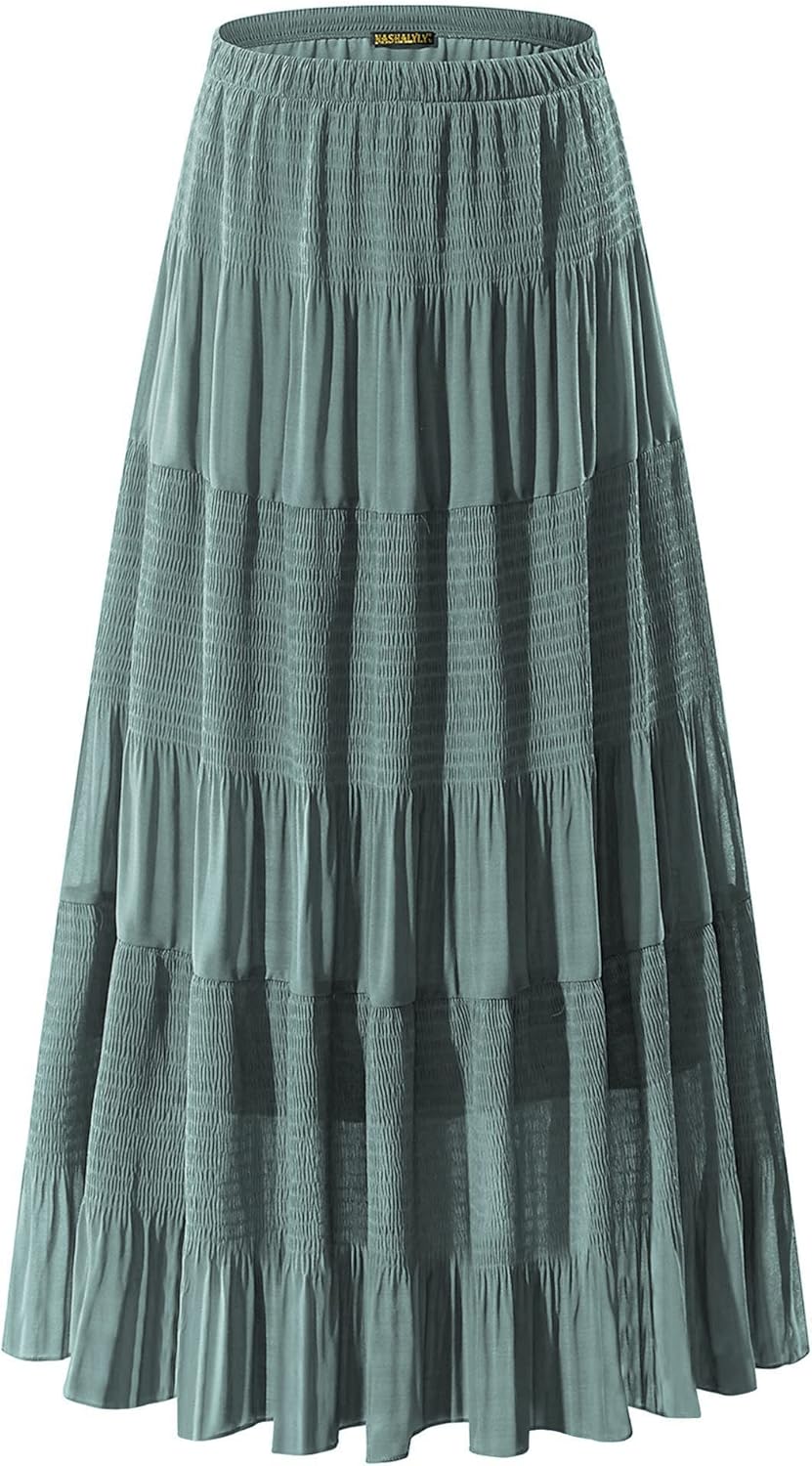 Chiffon Elastic High Waist Pleated A-Line Flared Maxi Skirt