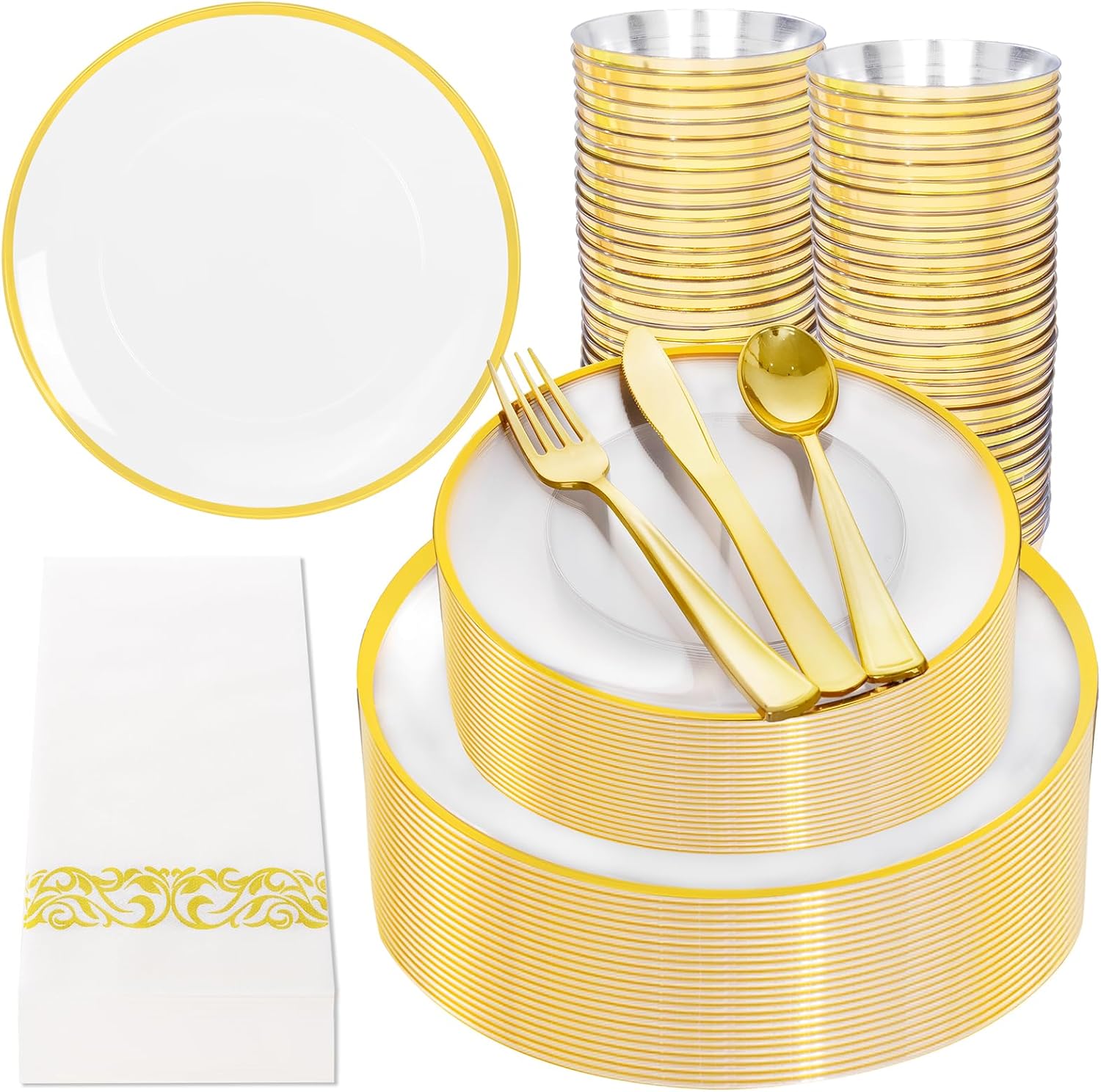 NOCCUR 350PCS Clear and Gold Plastic Plates for 50 Guests