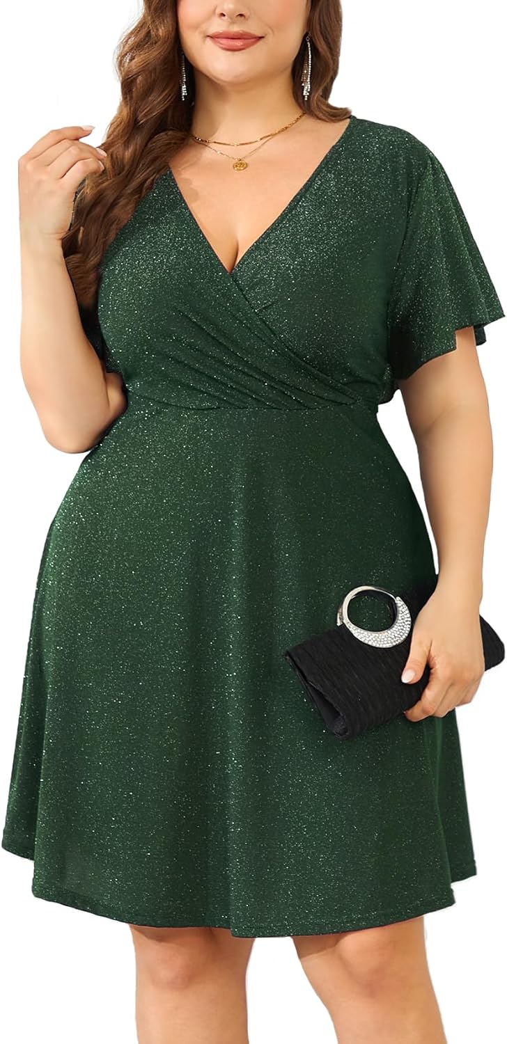 ZOMVA Plus Size Sparkly Glitter Wrap V Neck Mini Dress