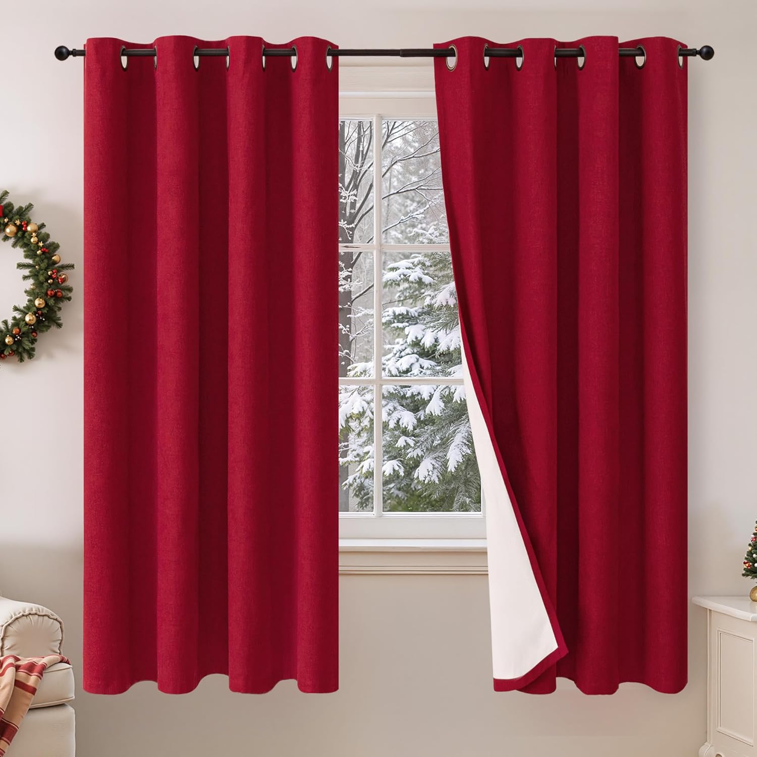 Red Christmas 100% Linen Blackout Curtains for Winter Decor