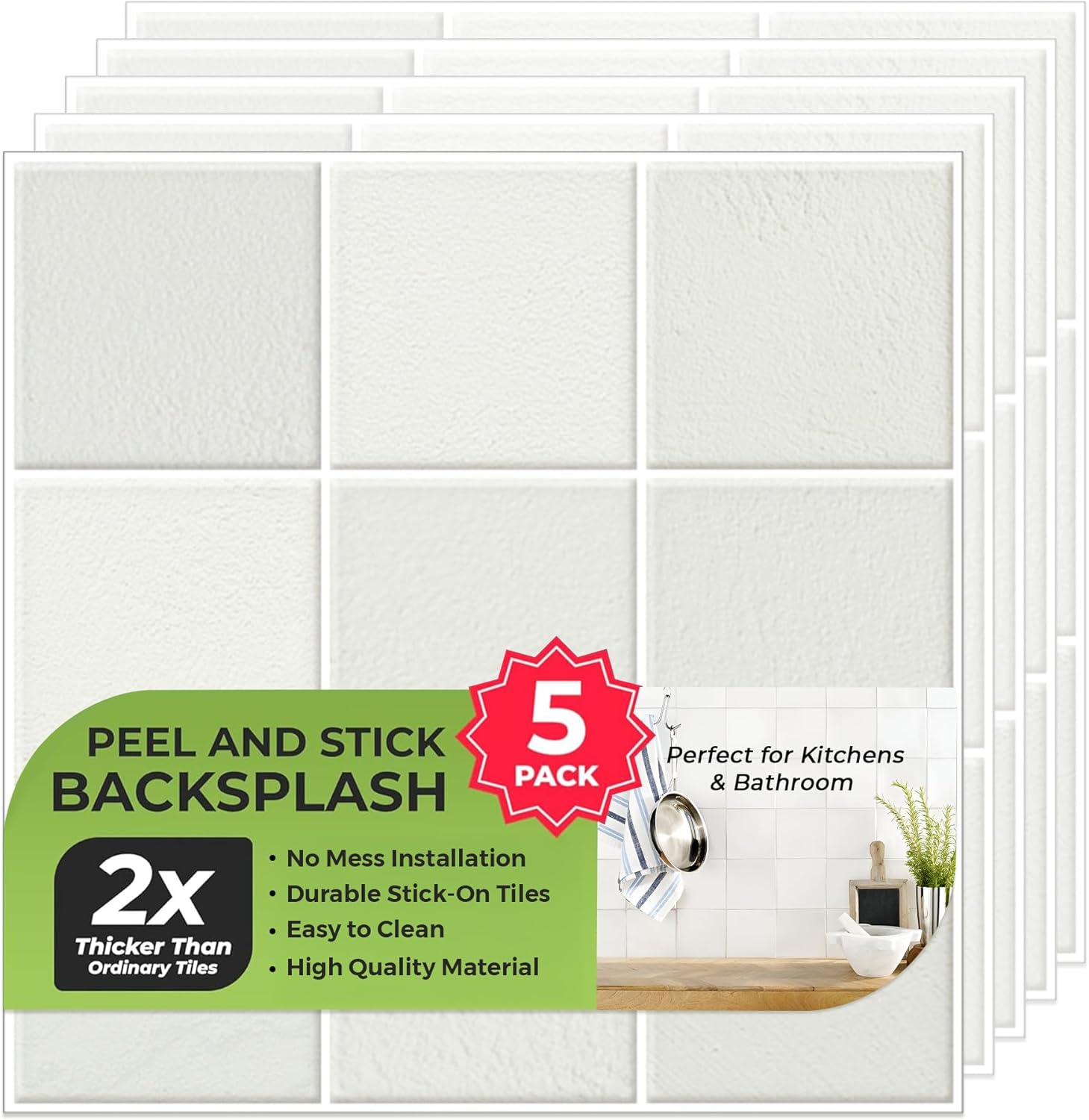 5 Pack Peel and Stick Backsplash Square Tiles for Easy DIY