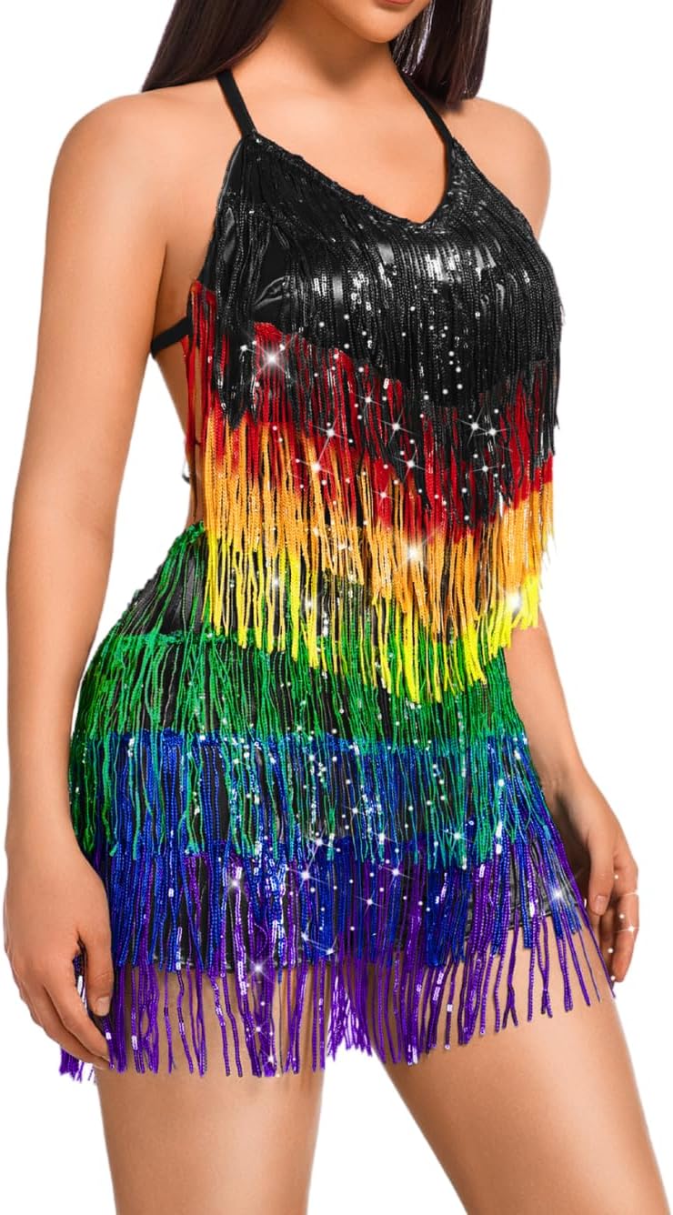Kaei&Shi Sequin Fringe Romper for Sparkly Disco Dance Outfits