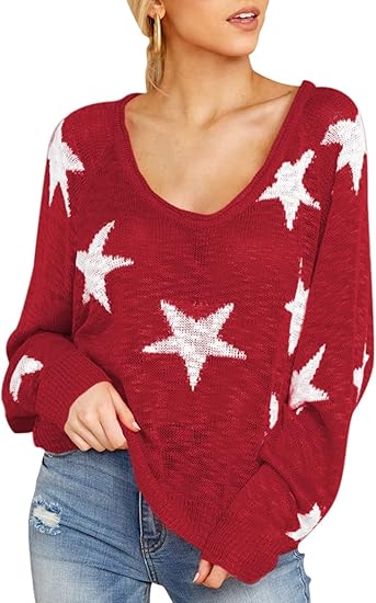 COCOLEGGINGS Women's Scoop Neck Long Sleeve Star Pullover Sweater
