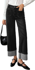 EVALESS Womens Jeans High Waisted Stretchy Cuffed Wide Leg Denim