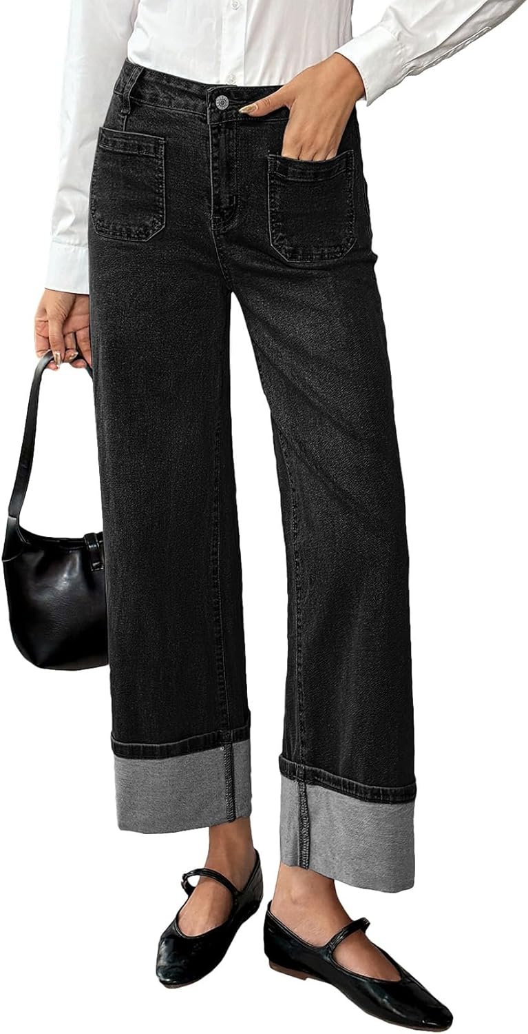 High Waisted Stretchy Cuffed Wide Leg Denim Pants for Women