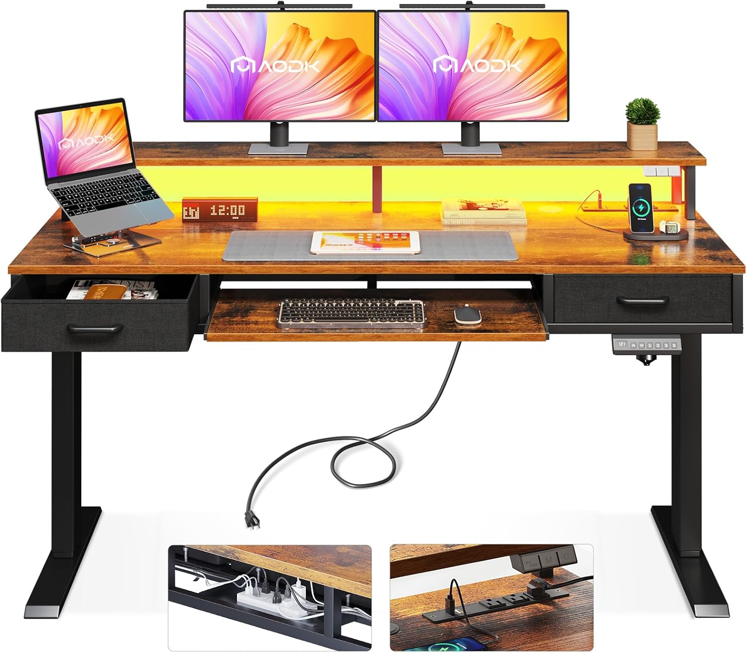 55 Electric Standing Desk: Height Adjustable with Power Outlets & LED Lights
