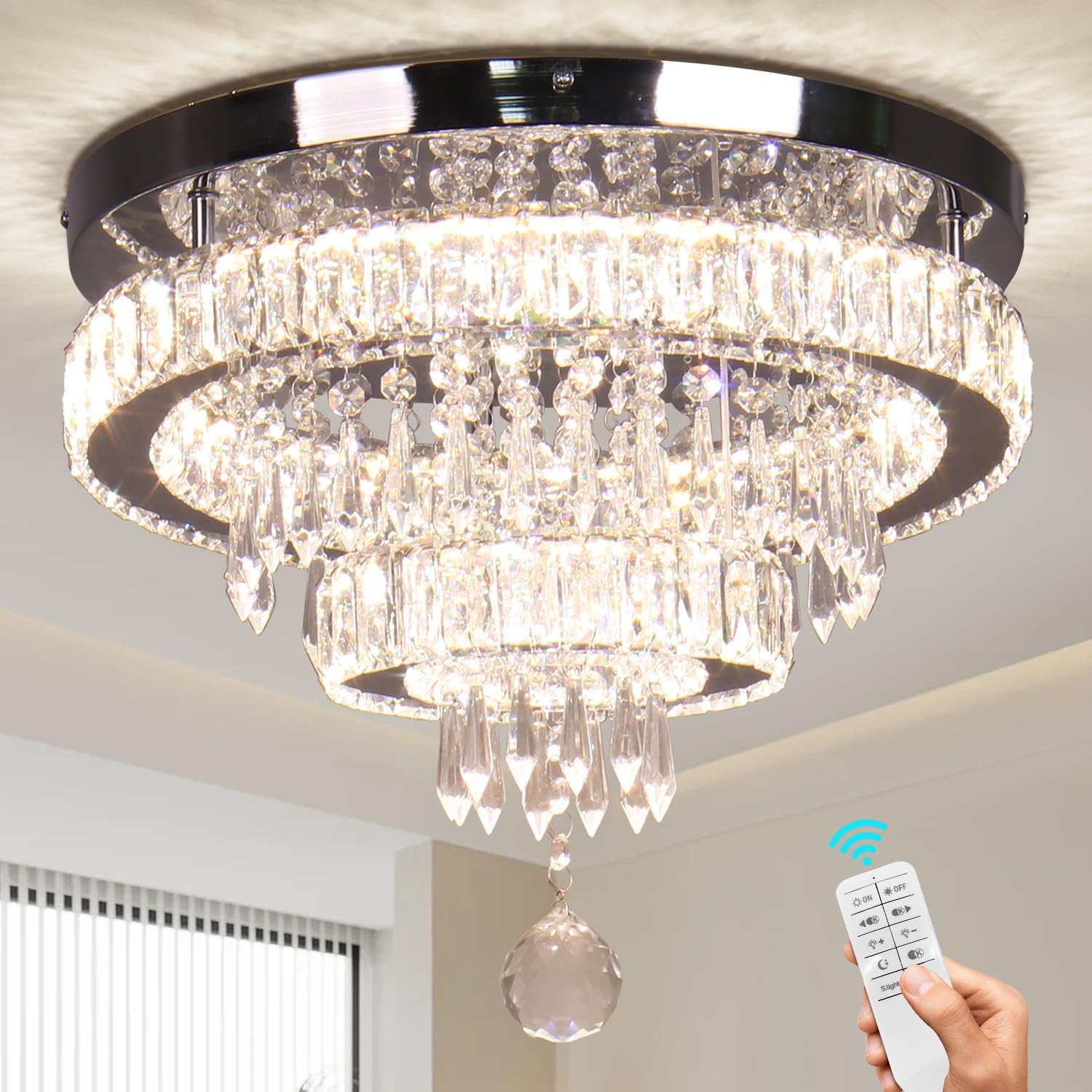 Finktonglan 16in Crystal Ceiling Light with Remote Control