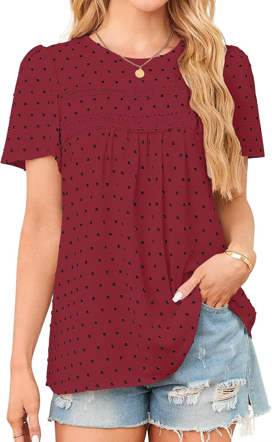 Womens Summer Tops Crewneck Short Sleeve Casual Blouses 2025