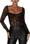 REORIA Women's Sexy Floral Lace Sweetheart Neck Bodysuit