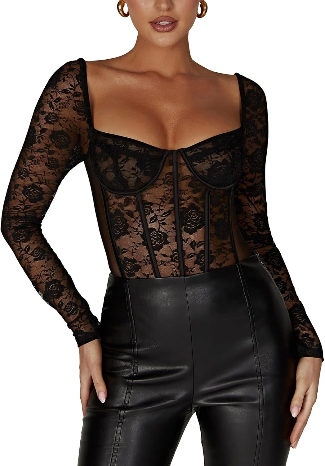 REORIA Women's Sexy Floral Lace Sweetheart Neck Bodysuit