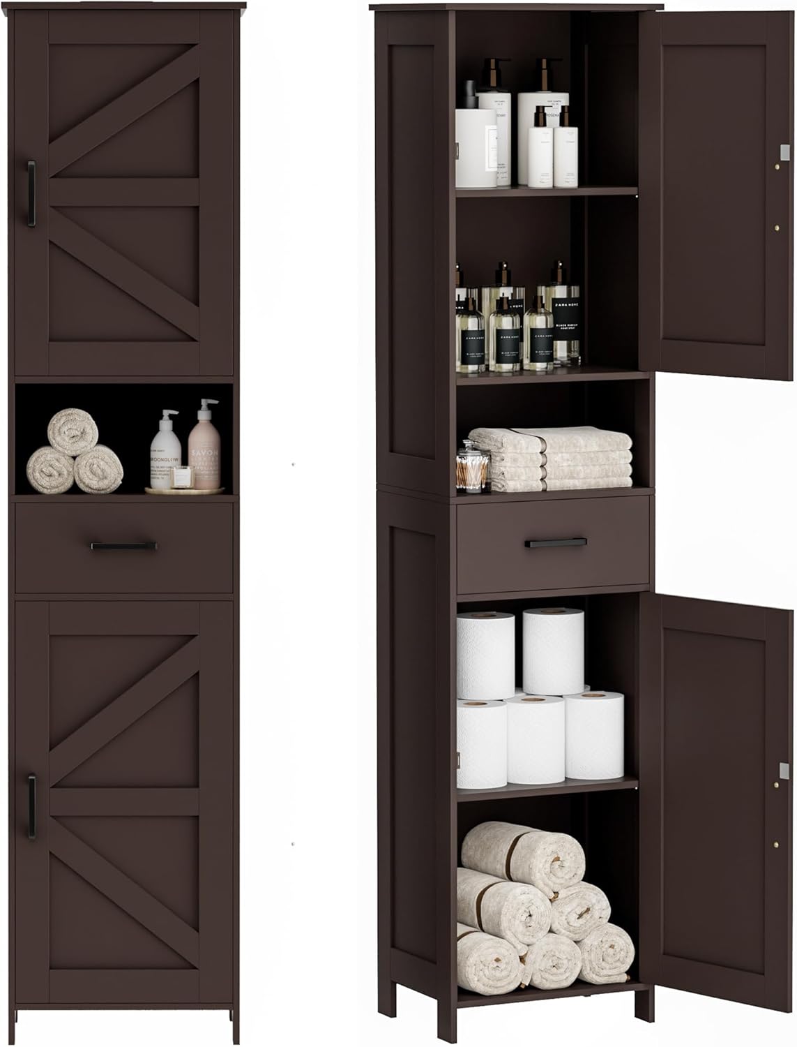 Homhedy 67 in Tall Bathroom Storage Cabinet with Barn Doors