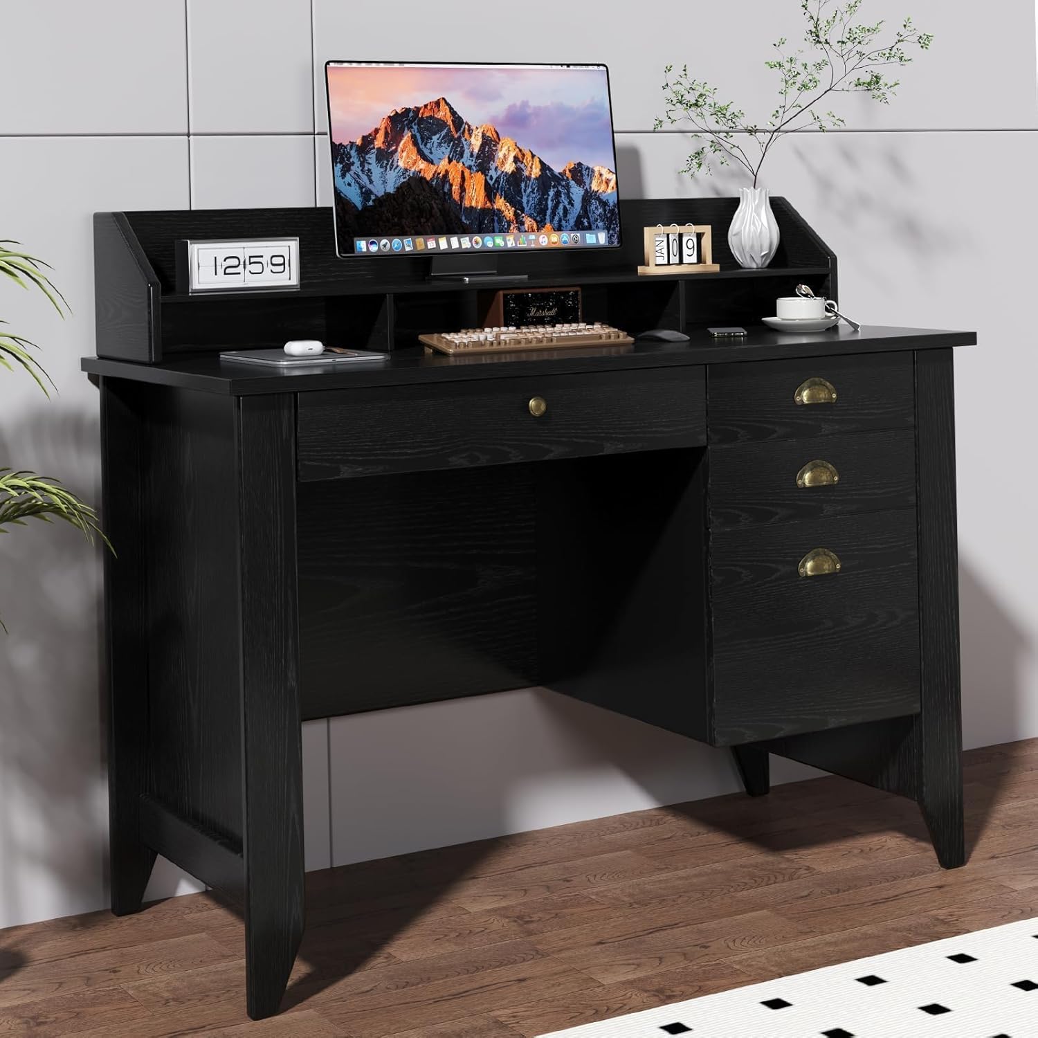 47 Black Desk with File Drawer & Monitor Stand