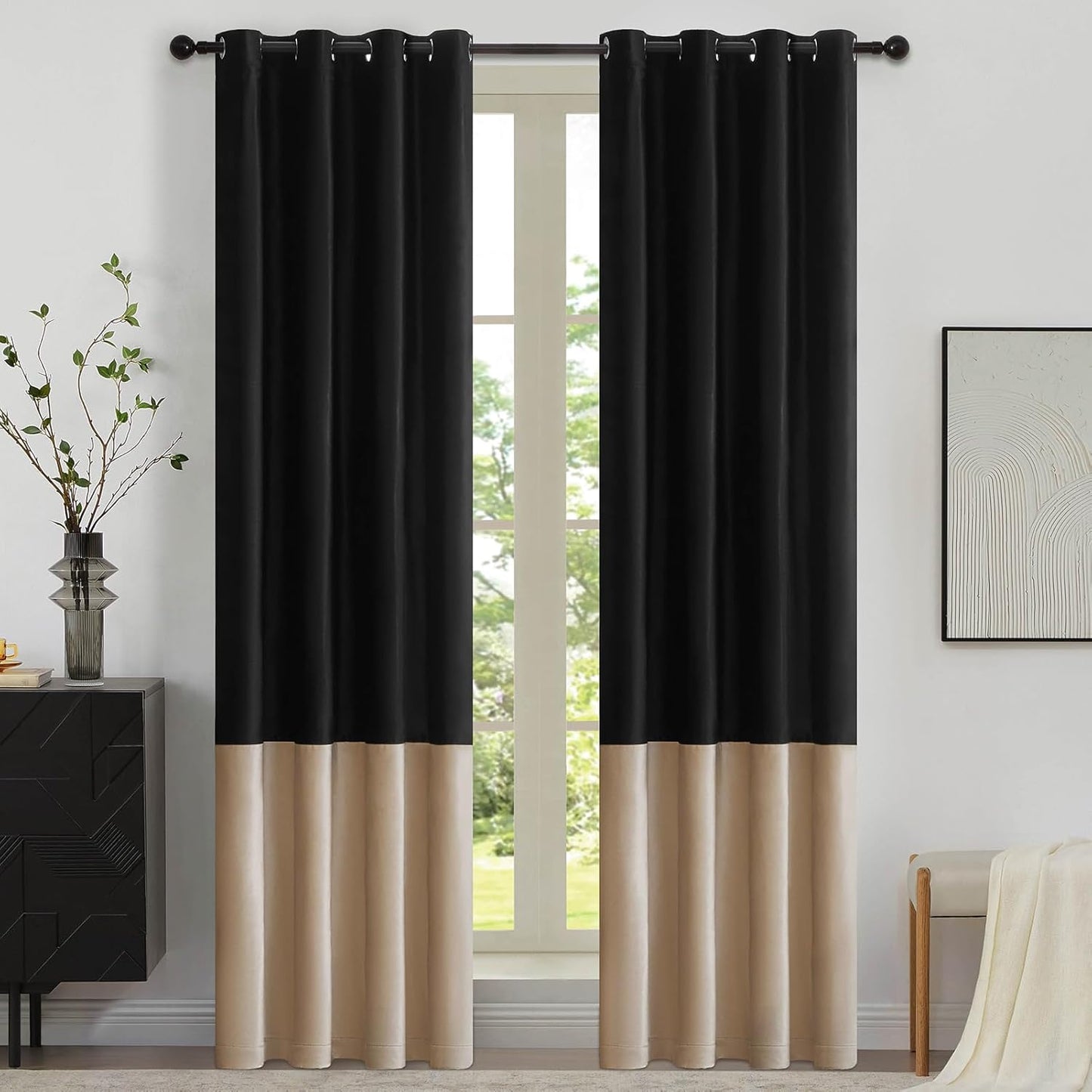 Elegant Black Champagne Color Block Velvet Curtains for Home