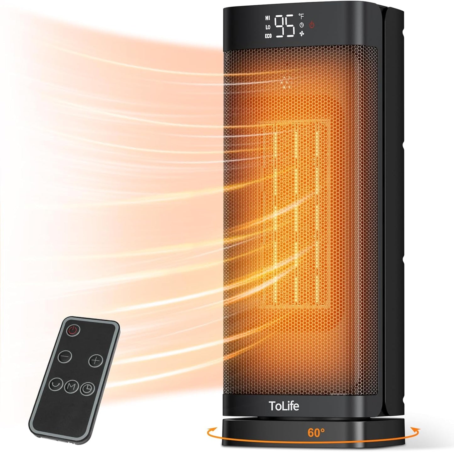 1500W Thermostat Space Heater, 60 Oscillation, 4 Modes, 12h Timer - ToLife