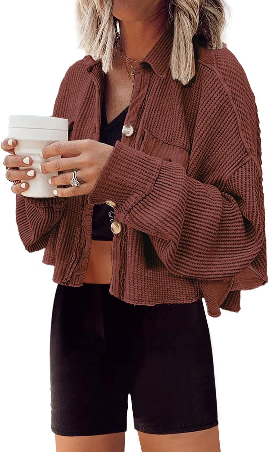 Cropped Waffle Knit Shacket for Women - Stylish Button Down Jacket