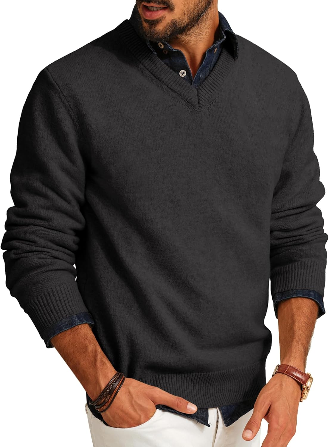 PJ PAUL JONES Mens V Neck Pullover Lightweight Wool Blend Sweater
