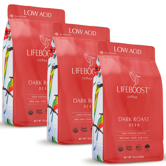 Lifeboost Low Acid Dark Roast Coffee - USDA Organic & Non-GMO - 3 Pack