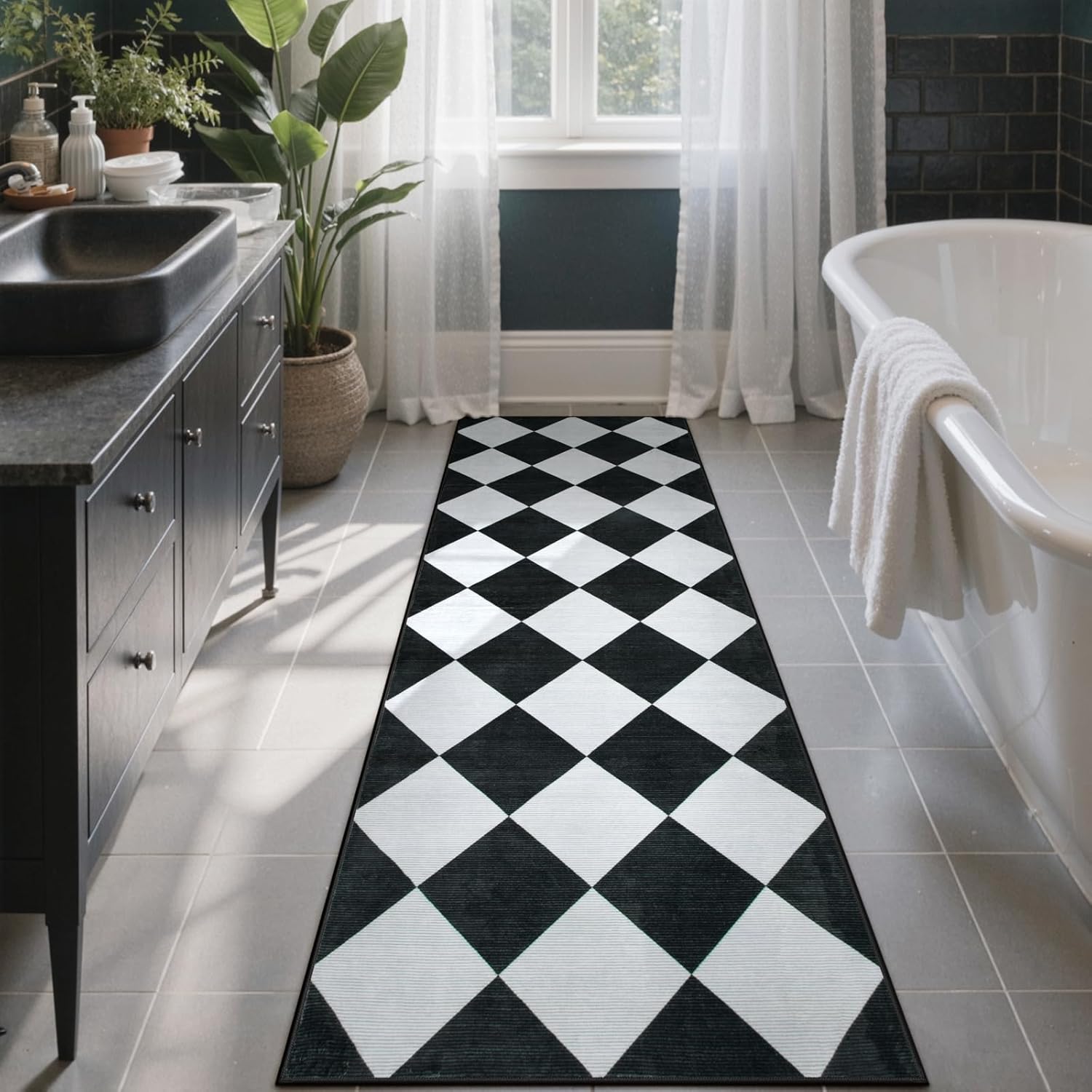 Checkered Print Black Bathroom Runner Rug 2x6 for Modern Decor
