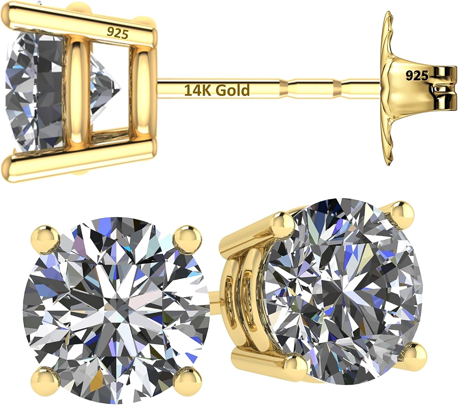 14K Solid Gold Post Simulated Diamond Stud Earrings for All