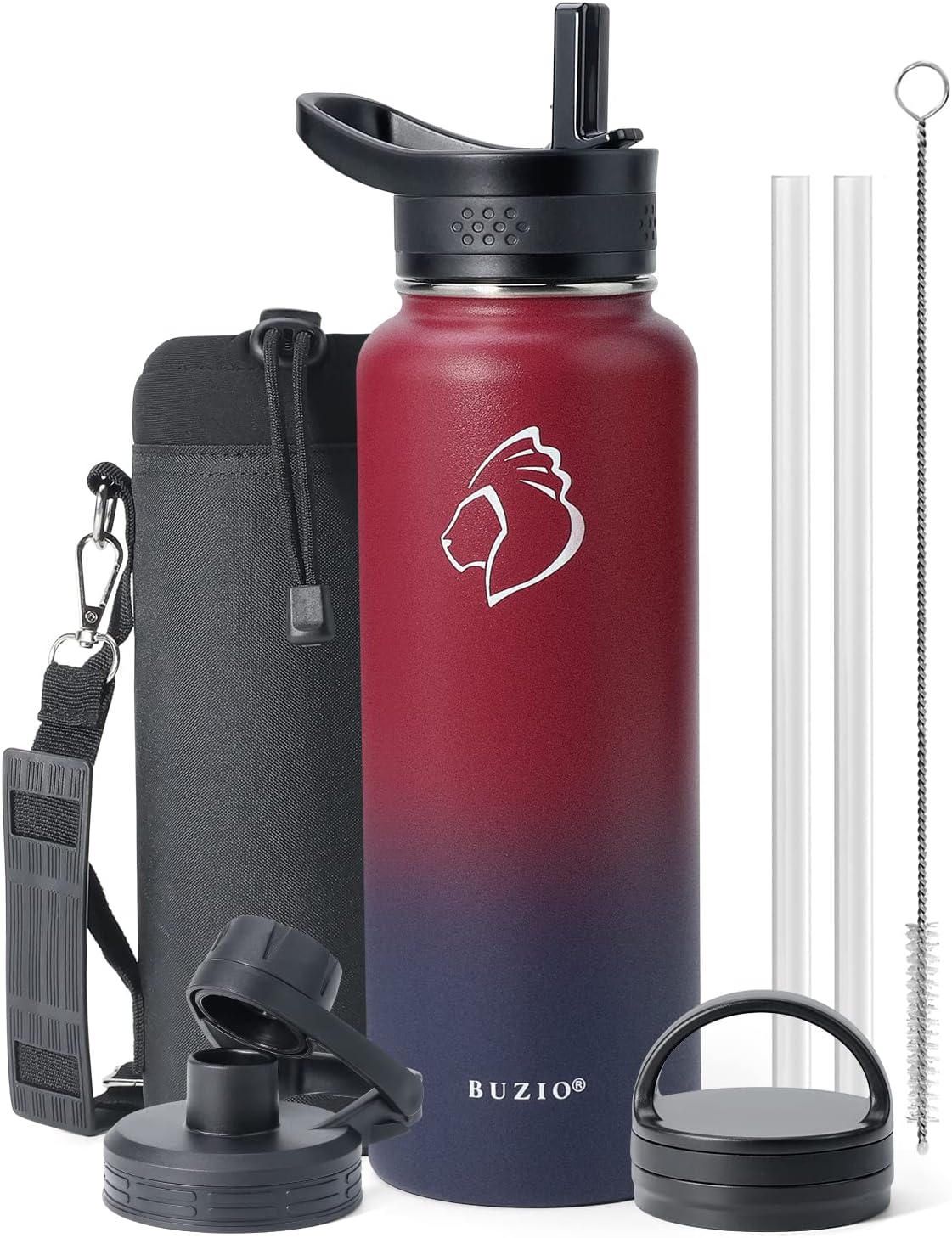 BUZIO 40 oz Insulated Water Bottle with 3 Lids & Pouch