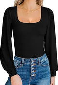 Square Neck Puff Sleeve Bodysuit - Stretchy Lantern Sleeve Fit