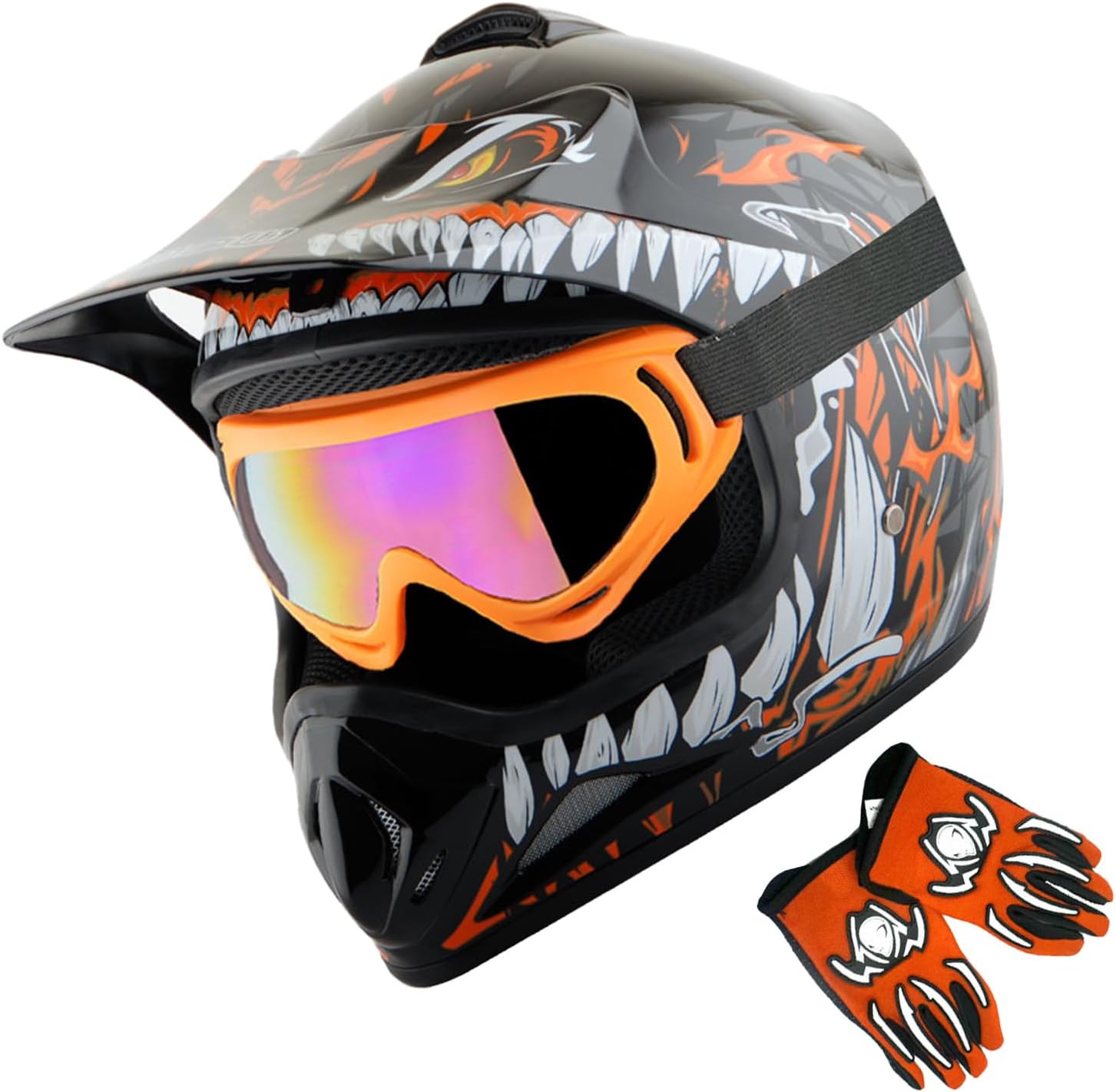 WOW Youth Kids Motocross Helmet Goggles and Gloves Bundle