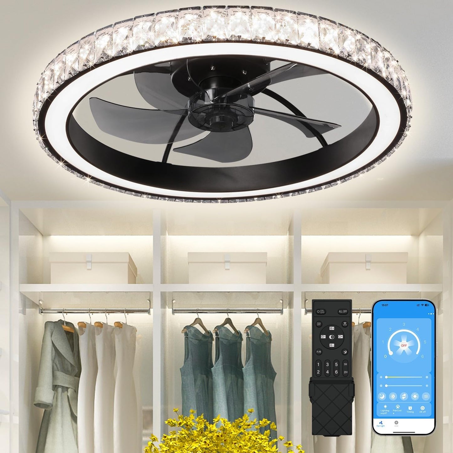 Aipsun Low Profile Modern Crystal Chandelier Ceiling Fan Light
