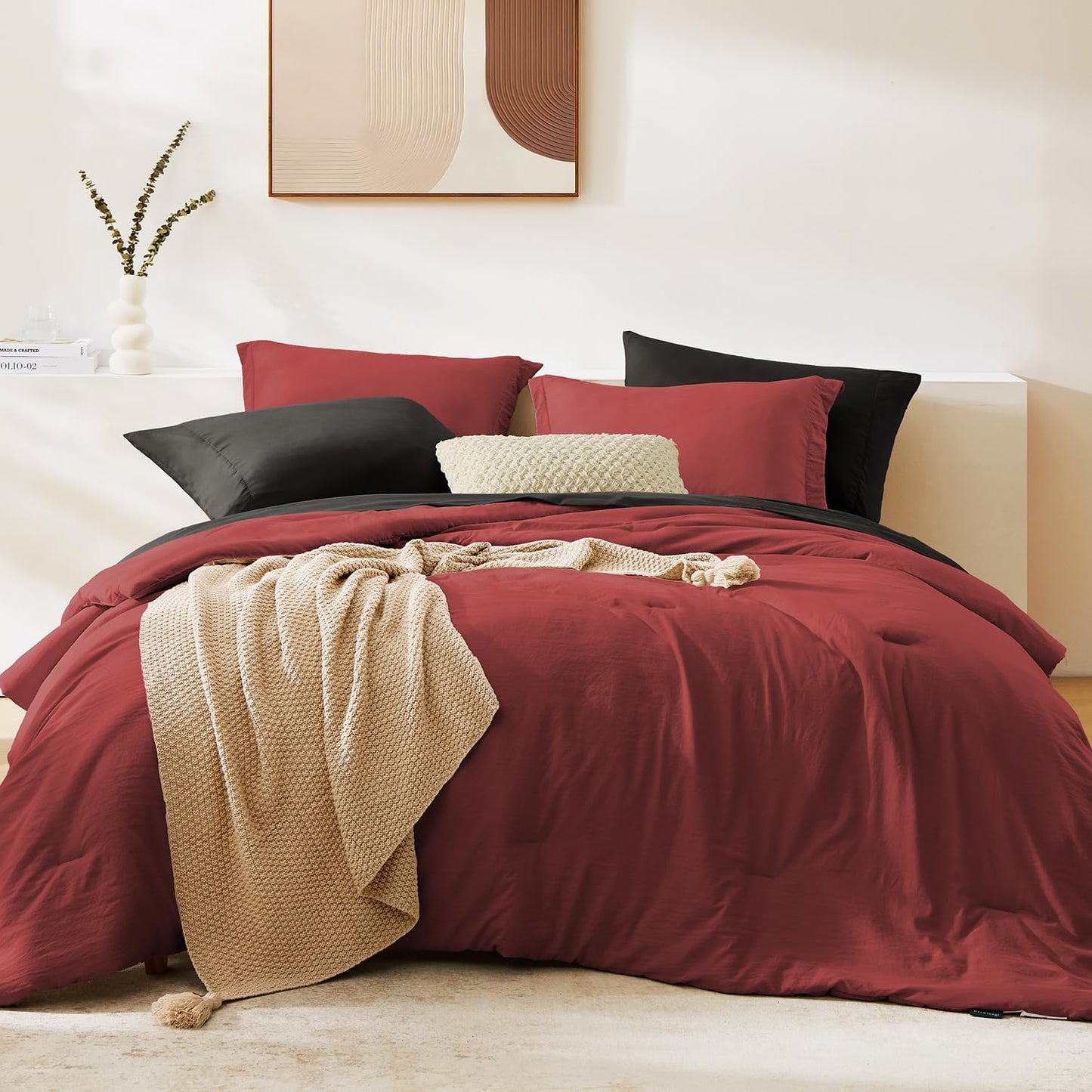 WRENSONGE Queen Comforter Set - 7 Piece Bright Red Bedding