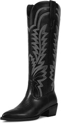 Cowgirl Boots for Women Knee High Black Synthetic Leather - Retro