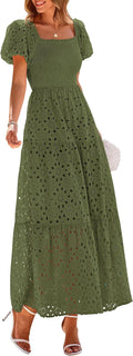Summer Eyelet Smocked Maxi Dress for Women - Flattering Wedding Guest