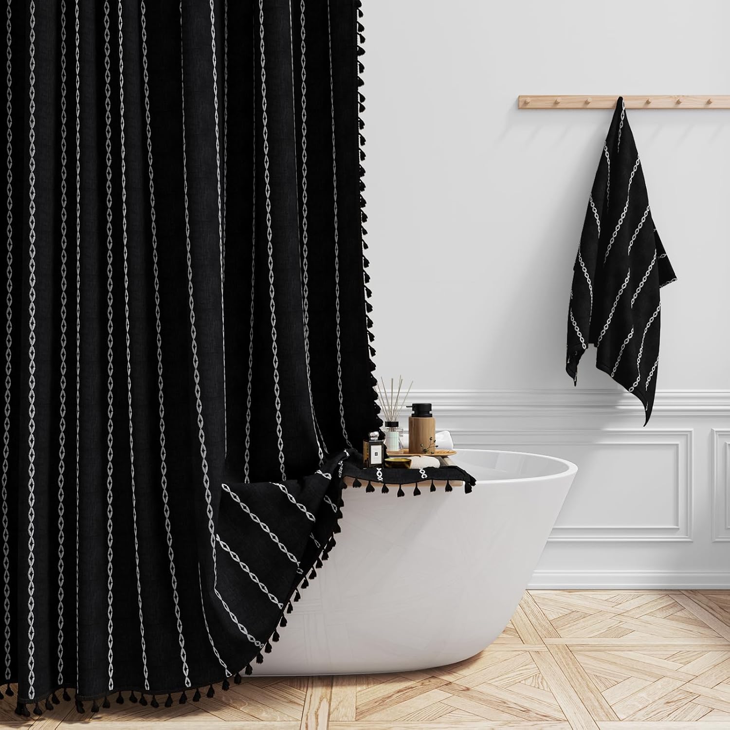 Boho Farmhouse Striped Shower Curtain Set with Tassel 78 Inch