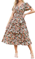 Floral Summer Long Midi Dress V Neck Short Sleeve - Flowy Midi