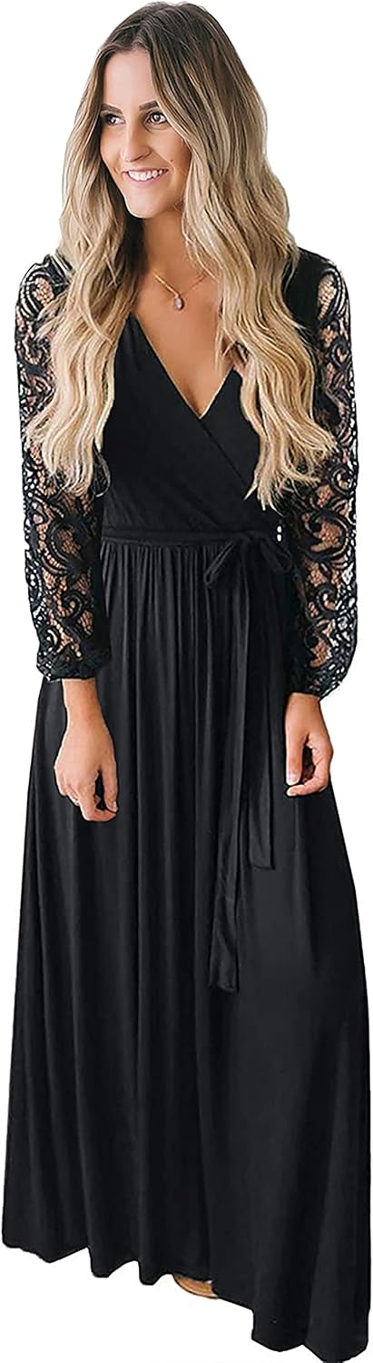 Kranda Womens Vintage Floral Lace Long Sleeve Maxi Dress