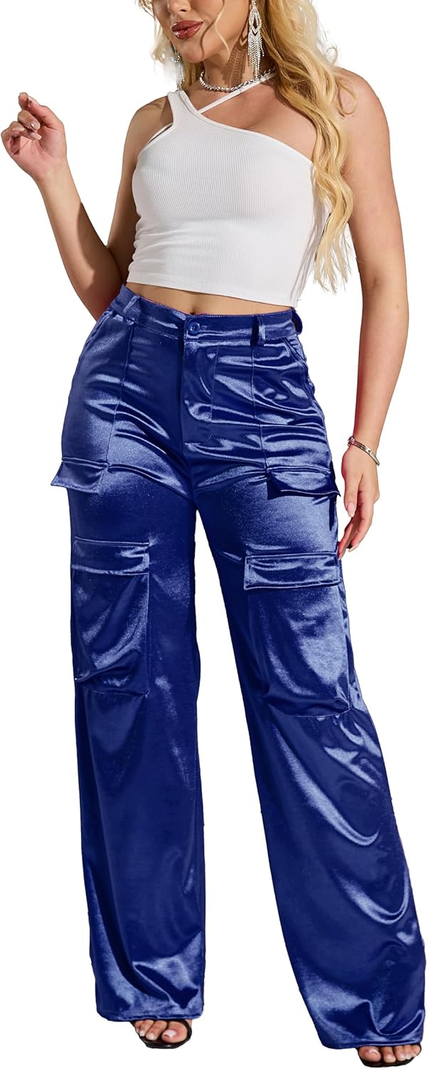 Womens High Waisted Satin Cargo Pants for Trendy Outfits