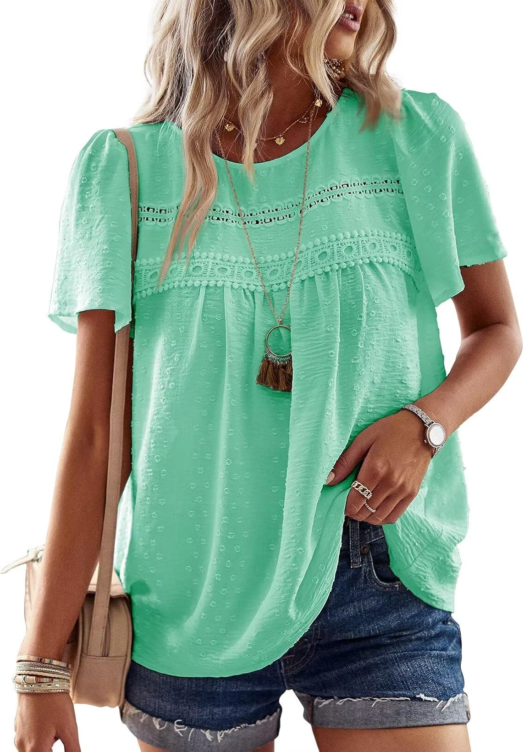 Womens Summer Tops Crewneck Short Sleeve Casual Chiffon Blouses